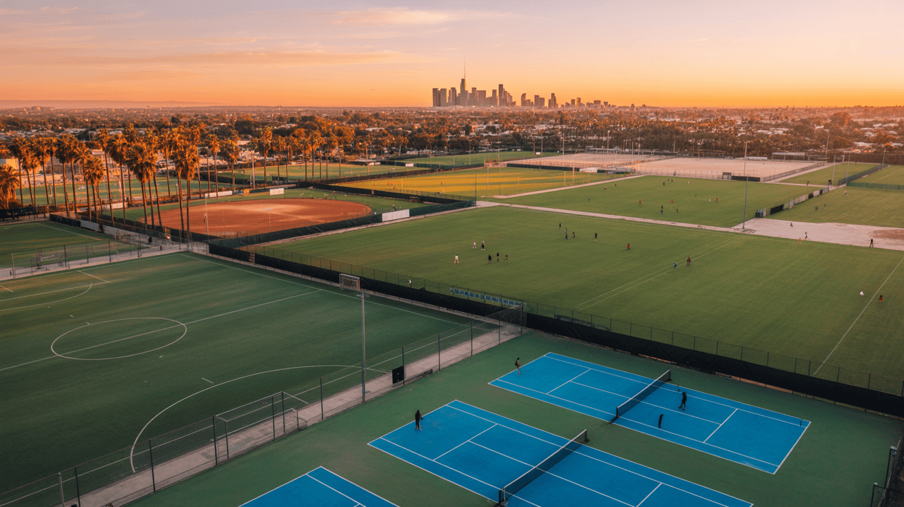 Aerial view of a multi-sport complex with games in progress
